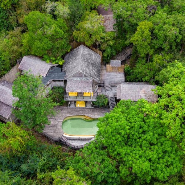 Aerial view of a luxurious, cabin-style house nestled in the dense, vibrant green forest of Thailand. The house has a large wooden deck with a swimming pool, surrounded by trees and foliage, creating a serene and secluded atmosphere perfect for a family holiday.