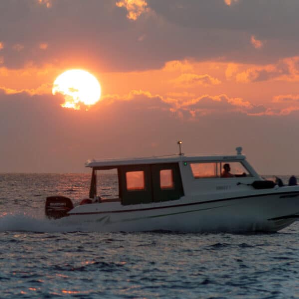 A boat speeds across the ocean at sunset, with the setting sun partially hidden by clouds. The sky is painted in shades of orange and pink, casting a warm glow on the waves—truly a Maldives exclusive experience that captures the essence of Soneva's unparalleled beauty.