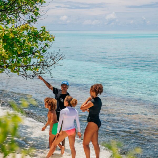 A family of four stands on a sandy beach by clear turquoise waters, enjoying their Maldives exclusive experience. An adult points towards the ocean, while the other adult and two children listen attentively. The sky is clear, and a leafy tree branch extends into the scene from the left.