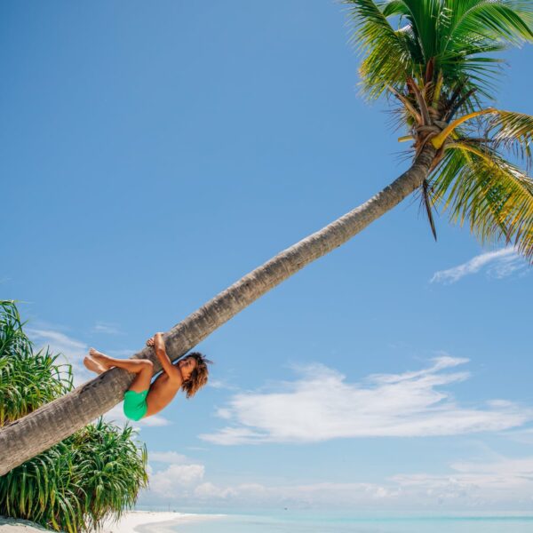 A person wearing turquoise shorts is climbing a bent palm tree on a tropical beach. The clear blue sky and the turquoise ocean in the background make for an idyllic Maldives exclusive experience. Lush green bushes surround the tree's base, creating a vibrant and serene atmosphere at Soneva.