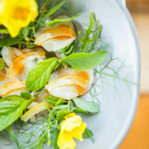 A bowl of vibrant mixed greens, herbs, and flowers is garnished with what appears to be sliced fish topped with a light drizzle of sauce. Reminiscent of the elegance you&#039;d find on a Maldives Luxury Yacht Holiday at Soneva, the dish features bright yellow flowers and green leaves, presented in an appetizing manner.