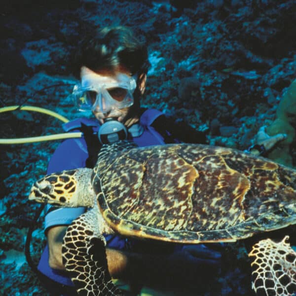 A scuba diver wearing a blue diving suit and mask holds a sea turtle underwater. The diver is surrounded by dark ocean water and coral, with the turtle's patterned shell and flippers prominently visible. This exclusive experience in the Maldives epitomizes the natural wonders at Soneva resorts.