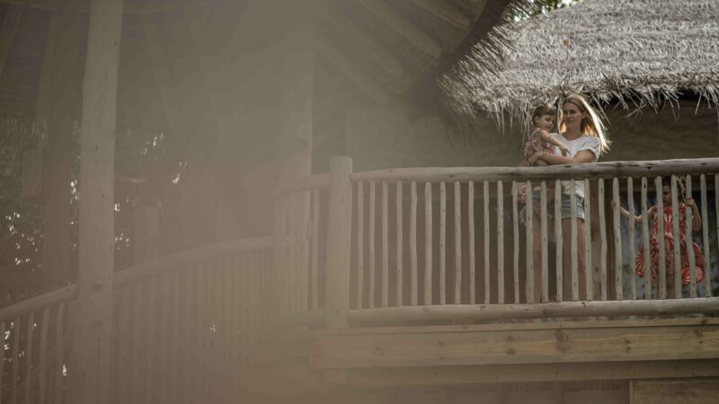 A woman stands on a wooden balcony of a thatched-roof structure in the Maldives, holding a small child. The balcony, surrounded by wooden railings, offers a glimpse of tropical paradise. Sunlight filters through the trees, casting a warm glow, making for a perfect family holiday moment.