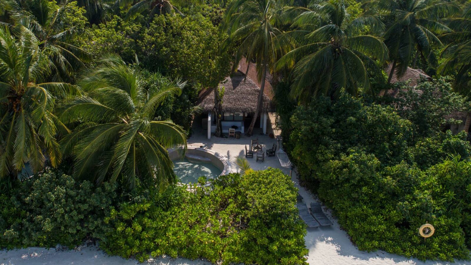 Aerial view of the Maldives luxury resort Soneva Fushi Villas, featuring tall palm trees, dense greenery, and a white sandy beach. A thatched-roof bungalow and a small pool are visible centrally amidst the foliage, with lounge chairs arranged nearby on the sand.