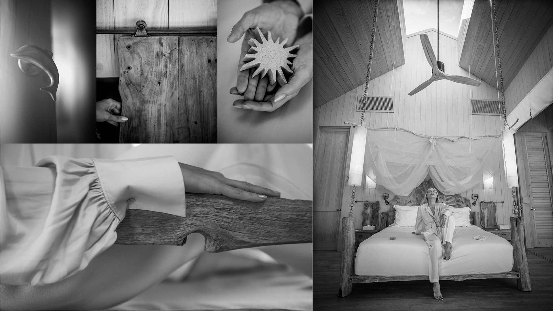 Black and white montage: Top-left shows a hand turning a door handle. Center-left depicts a hand holding a wooden plank. Top-center displays a person holding a star-shaped object. Bottom-left shows a hand on a bedpost, perhaps at Soneva, the Maldives luxury private resort. Right side shows a person sitting on a bed in a room.