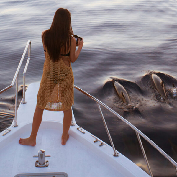 A woman stands barefoot on the bow of a boat, wearing a knitted cover-up and photographing three swimming dolphins in the water. Another person is partially visible on the left, seated with their back to the camera. This Maldives exclusive experience takes place during a stunning Soneva sunset.