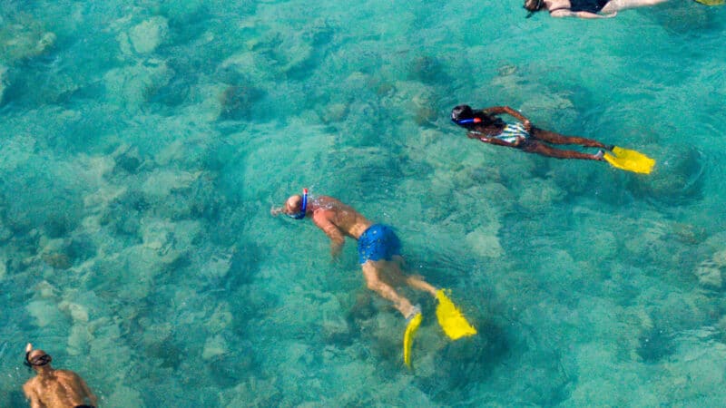 Aerial view of four people snorkeling in the clear, turquoise waters of the Maldives. Sporting snorkels and colorful fins, they float above a visible seafloor. This exclusive Soneva experience shows them spread out, moving gracefully through the water and enjoying the vibrant aquatic environment.