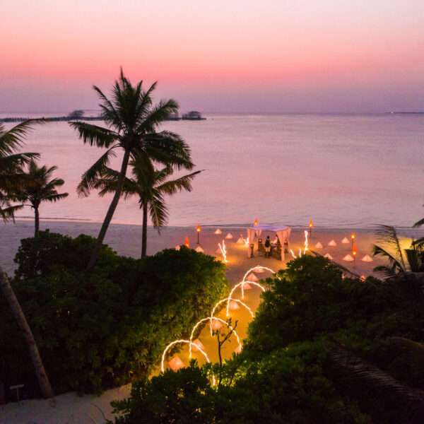 A Maldives exclusive experience: a beach with palm trees and a tent adorned with lights, offering the ultimate Soneva escape.