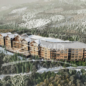 A large, modern alpine resort with multiple connected buildings lies nestled among snow-covered forests and mountains, reminiscent of a Maldives luxury resort. The structures feature wooden facades and large windows, with paths weaving through the surrounding trees and a road visible at the front.