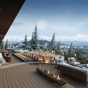 A luxurious wooden deck overlooking a snowy mountainous landscape features plush seating, tables adorned with candles, a stone firepit, and a contemporary design, evoking the sophisticated ambiance of a Maldives luxury resort and creating a cozy and elegant outdoor gathering space.