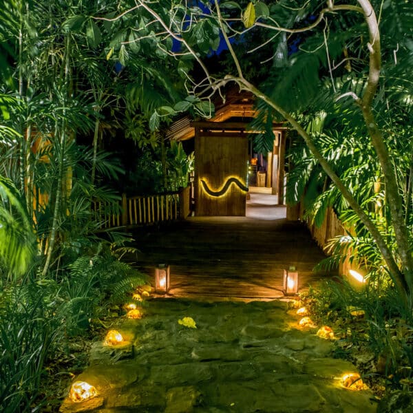 A wooden path illuminated by warm lights leads through dense, lush greenery towards a rustic, wood-framed entrance. Lanterns line the path, casting a soft glow on the foliage, creating a serene and inviting atmosphere—truly a Thailand exclusive experience at Soneva.