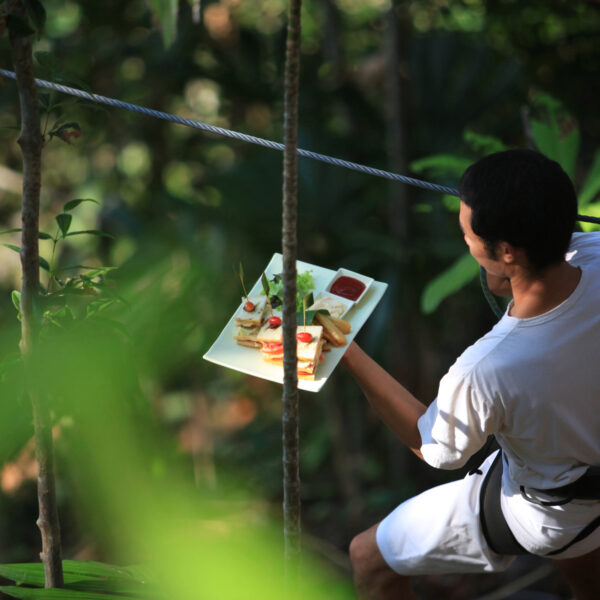 A person in a white shirt serves a tray of food while standing on a tree platform surrounded by lush greenery. The tray contains various appetizers, including sandwiches, fries, and a dipping sauce. The individual is wearing a harness, suggesting an elevated dining adventure, part of the Thailand Exclusive Experience at Soneva.