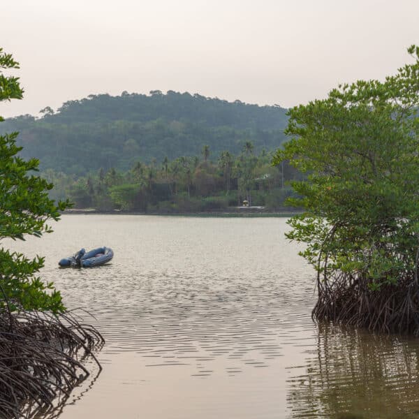 A serene view of a lake surrounded by lush greenery, with a small inflatable boat anchored near the shoreline. Tall hills covered in dense forest rise in the background, and the water is calm, reflecting the peaceful ambiance of this Thailand exclusive experience at Soneva.