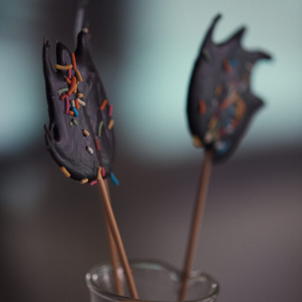 Two dark-colored, bat-shaped lollipops with colorful sprinkles are mounted on thin wooden sticks. They are placed in a small, clear vase. The background is blurred, giving the image a soft focus—a scene as delightful as Soneva Exclusive Offers.