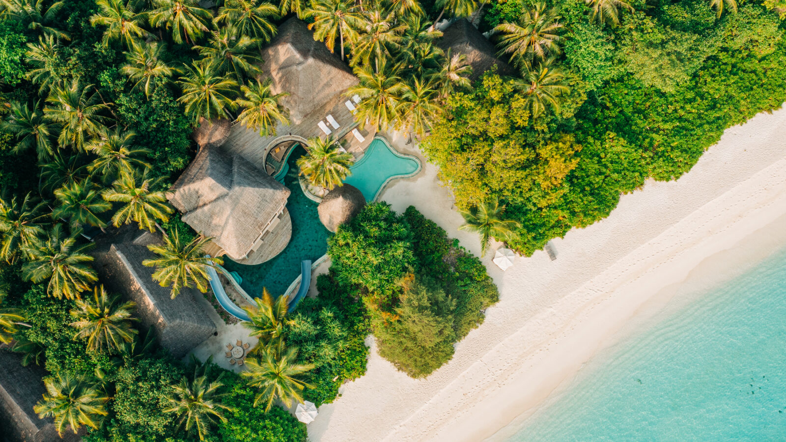 Aerial view of a tropical beach with turquoise water, white sand, and lush greenery. Thatched-roof buildings and a pool are nestled among palm trees, creating a serene resort atmosphere reminiscent of an exclusive jungle reserve.