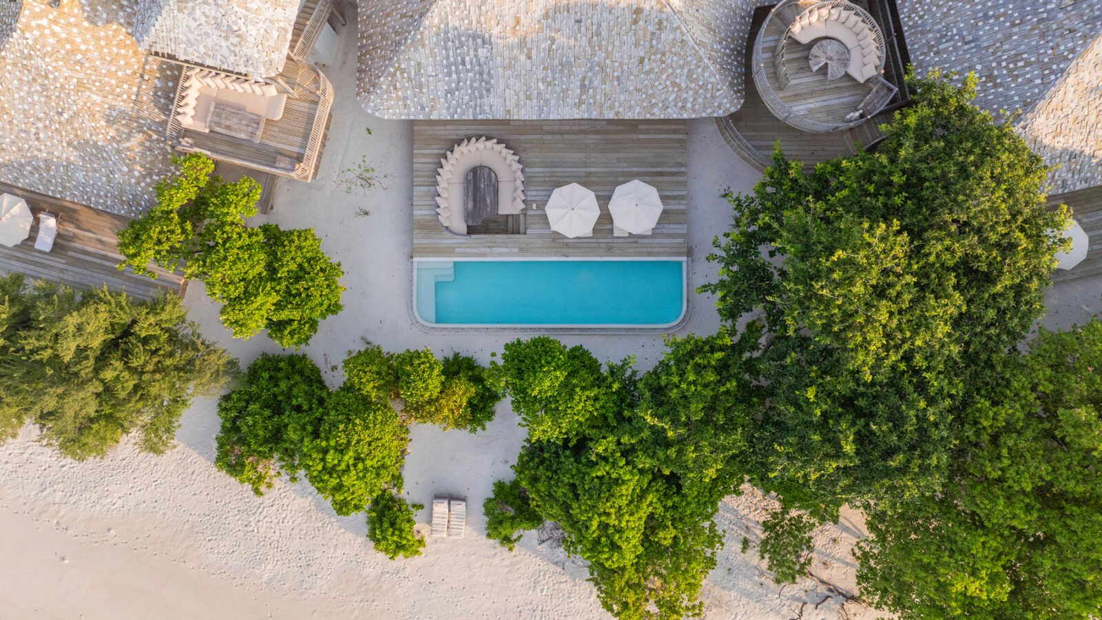 Aerial view of a beachside resort nestled within a pristine beach reserve, featuring thatched-roof buildings, a turquoise swimming pool, loungers with umbrellas, and lush green trees. The scene opens up to an inviting sandy beach.