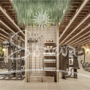 A modern, spacious gym reminiscent of a Maldives luxury resort features wooden accents and various exercise equipment, including treadmills, stationary bikes, weight benches, free weights, and resistance machines. Green plants hang from the ceiling, adding a touch of nature to the interior.