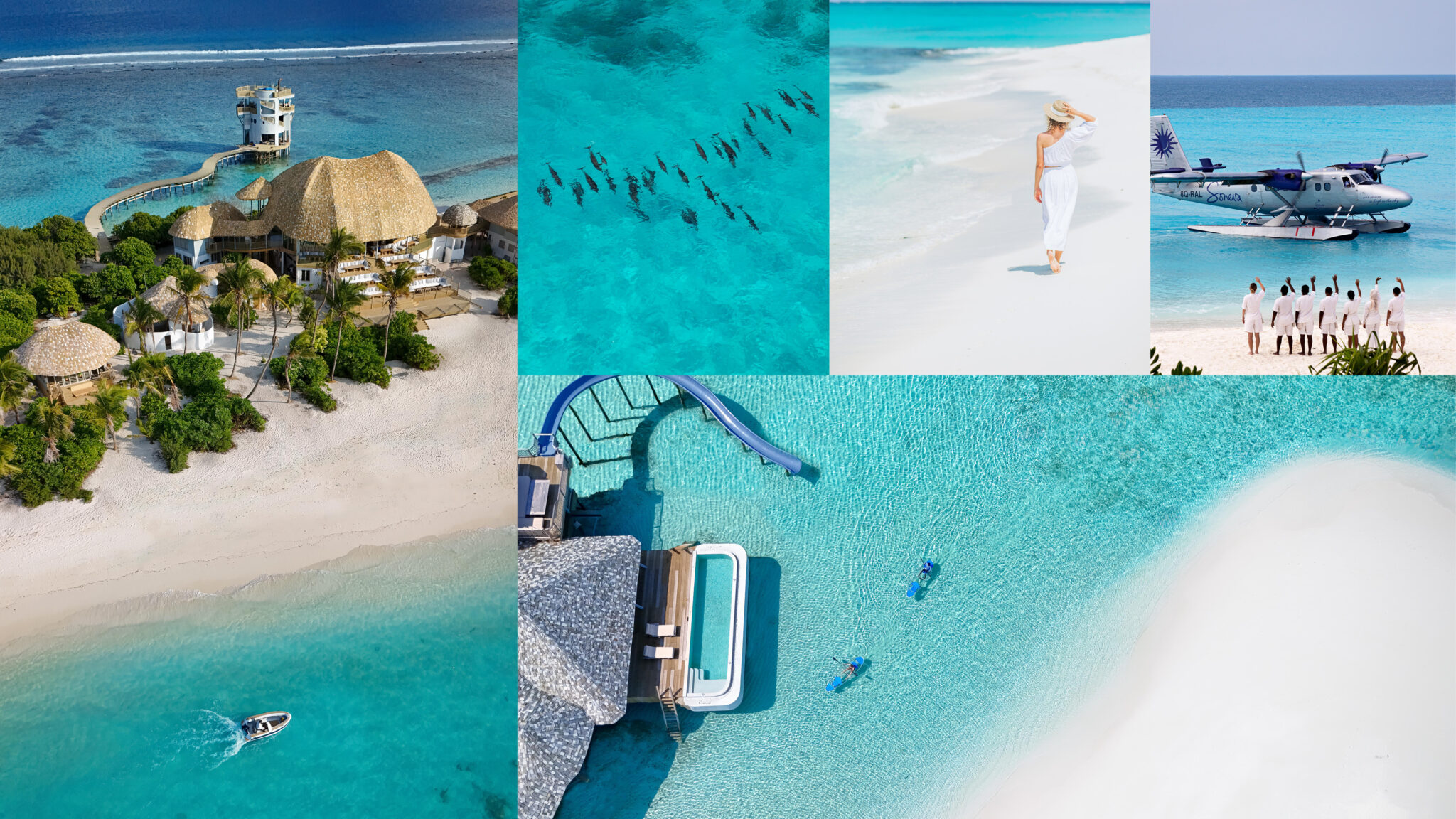 A collage of tropical vacation scenes: a bird&#039;s-eye view of a Maldives luxury private resort, a group of snorkelers in clear blue water, a person in white strolling on a sandy beach, a seaplane with passengers onshore, a waterslide near the pool and ocean, and two people swimming.