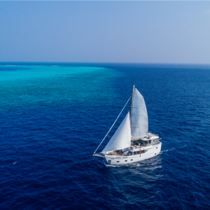 A white sailboat with full sails glides on the clear blue ocean. In the background, the water transitions from the deep blue of the open sea to the lighter turquoise of a reef or shallow area, under a clear, bright sky—truly capturing the essence of a Maldives luxury yacht holiday.